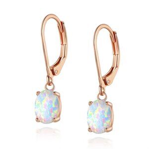 White Fire Opal Leverback Earrings 18K Rose Gold Plated Dangle Earrings Oval